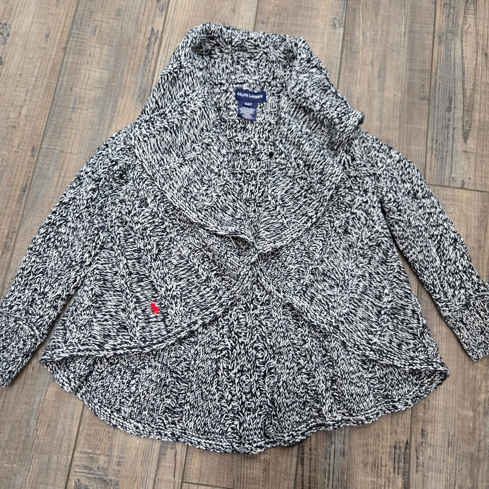 Ralph Lauren Kids Girls Black White Knit Shawl Collar Cardigan Sweater Size 4T